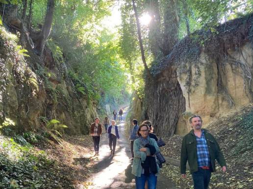 group of students walking down Chur lane, a holloway in West Coker